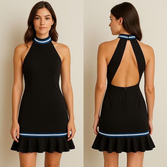 Elliatt Alpha Black Halter Mini Dress with Ruffle Hem & Stripe Collar size S NWT - Picture 1 of 5